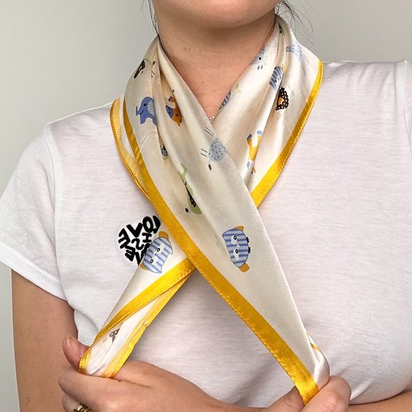 Blue&Yellow&Cream Toy Pure Silk Square Scarf - Picture 2 of 5